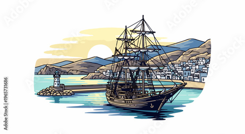 Sailing ship docked at a sun-drenched island village with a lighthouse