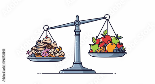 Scale balancing unhealthy sweets against healthy fresh fruits
