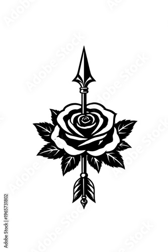 Black and white illustration of a rose pierced by an arrow, symbolizing love and pain, with leaves around it on a plain background.