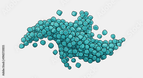 Scattered blue geometric shapes forming an abstract fluid shape on white background