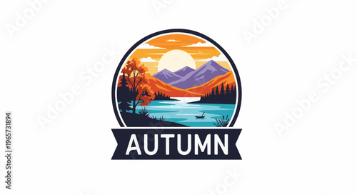 Scenic autumn lake landscape with mountains, trees, and a lone boat