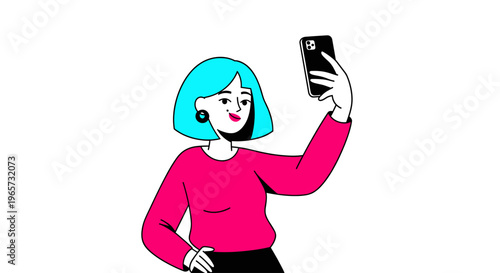 Young woman with blue hair taking selfie on smartphone