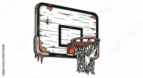 Rustic basketball hoop with a worn wooden backboard and frayed net