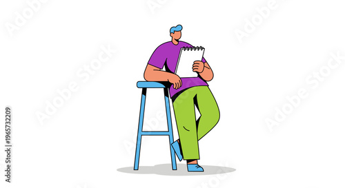 Artist leaning on blue stool holding sketchbook on white background