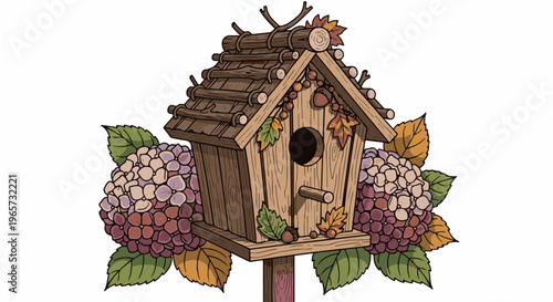 Rustic birdhouse adorned with acorns, autumn leaves, and hydrangea blooms