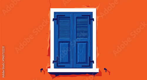 Rustic blue shutters on a textured orange wall, a bright, stylized scene
