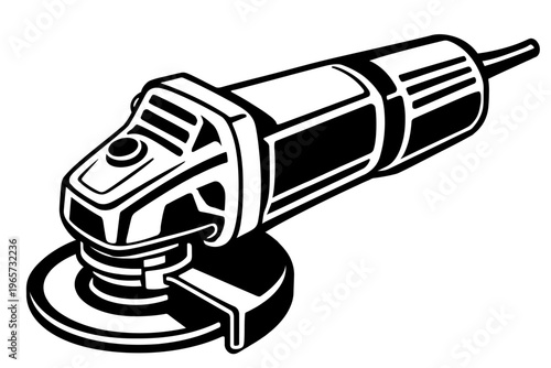 Black and white illustration of an angle grinder with a round disc and handle