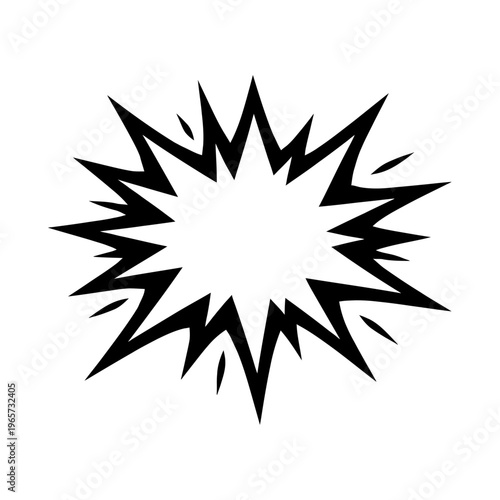 Black explosion comic burst symbol on white background for dramatic effect in design projects needing dynamic visual impact instantly