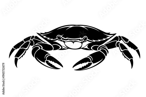 Black crab silhouette with white outline on plain white background, side view, claws extended, crustacean illustration
