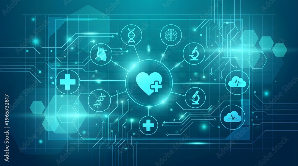 Fototapeta premium Futuristic digital interface showcasing interconnected medical and scientific icons symbolizing healthcare technology and research