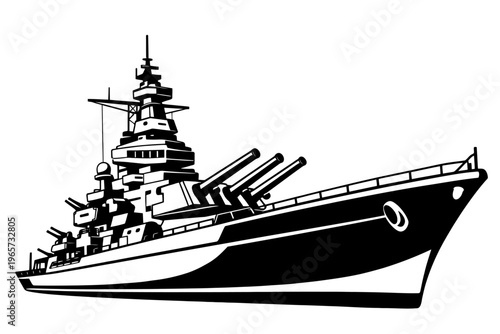 Black and white illustration of a battleship with guns and a large superstructure on a plain background for design and decoration
