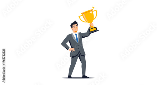 Businessman in suit holding gold trophy cup celebrating victory