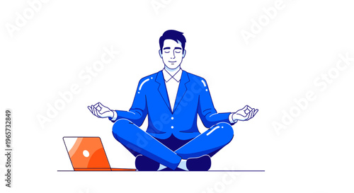 Businessman in blue suit meditating next to laptop