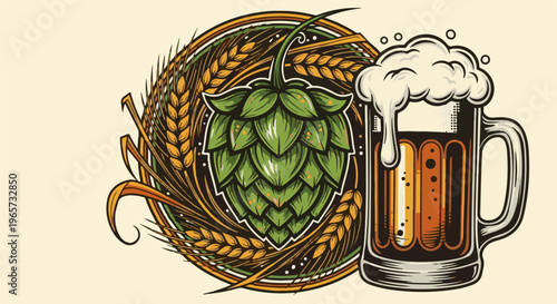 Rustic beer mug with hops and wheat illustration