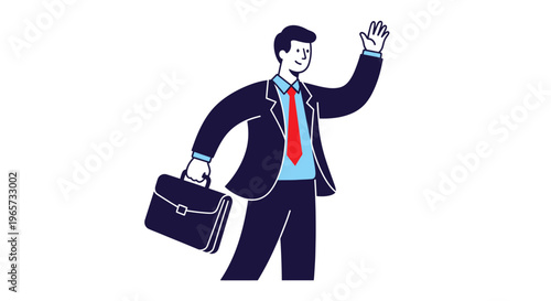 Businessman in suit with briefcase waving hand friendly greeting