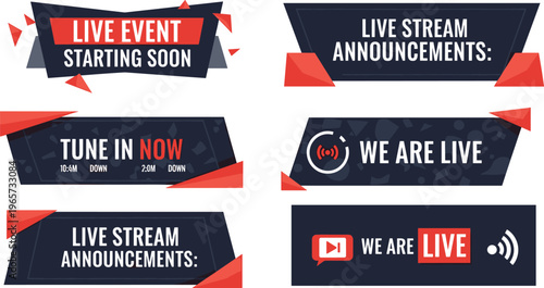 Live Stream Banner Set with Starting Soon Tune In Now We Are Live Streaming Announcement Templates for Social Media Broadcast Design