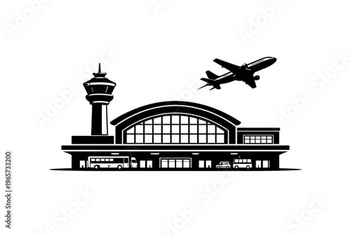 Airport terminal building with control tower and plane taking off
