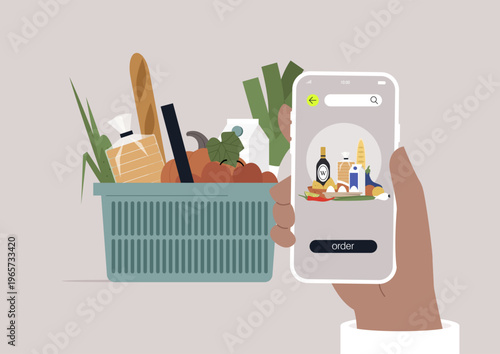 A hand holds a mobile phone displaying a grocery order interface as a colorful basket brims with a variety of fresh produce and essential items, creating a seamless shopping experience.