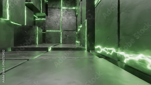 A futuristic, abstract corridor with glowing green energy lines illuminating the textured, geometric walls and floor
