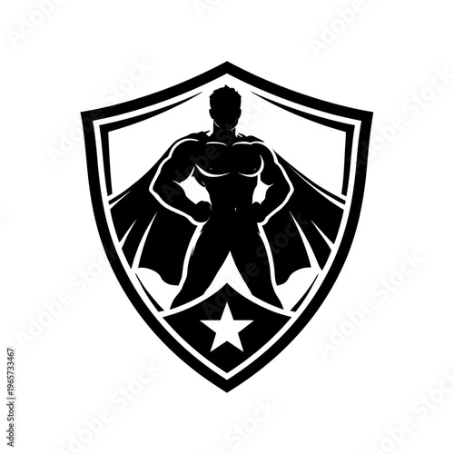 Black silhouette of a muscular superhero with cape standing confidently inside a shield emblem with a star, symbolizing protection and heroism.