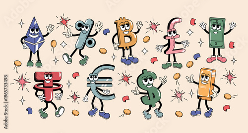 Cartoon retro groovy y2k money character. Sticker set of dollar bill, euro, pound sterling, ethereum, tether, percentage symbol. Monetary signs with funky face. Financial literacy, business investment