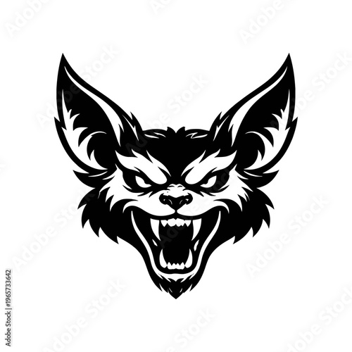 Furious wolf head with sharp teeth and aggressive expression on white background