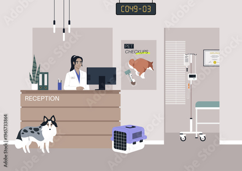 A calm vet reception features a friendly staff member at the front desk, while pets wait nearby in cozy surroundings, showing a commitment to animal well-being.