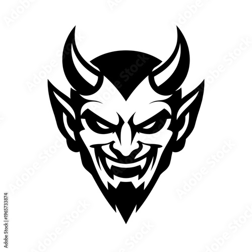 A black and white illustration of a devil's face with horns and a beard on a white background