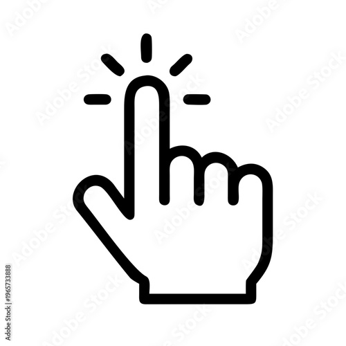 A minimalist vector graphic of a hand clicking with a pointing finger and lines indicating action
