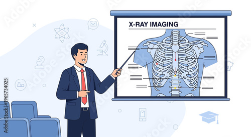 Doctor presenting X-Ray Imaging of human chest anatomy in a classroom