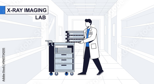 Doctor Pushing Medical Cart with X-Ray Equipment in Hospital Corridor