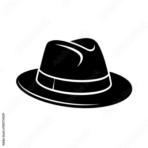 Black fedora hat with wide brim and indented crown on white background