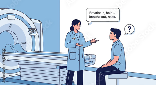 Doctor reassures patient before MRI scan, medical imaging procedure, healthcare concept
