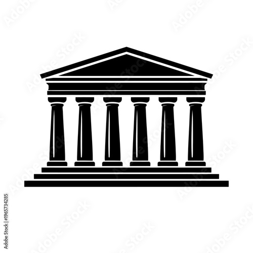 Black and white illustration of a building with columns and a triangular roof, representing architecture or government