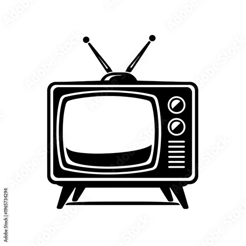 Black and white illustration of a vintage television set with antennae on top and dials on the side, symbolizing classic entertainment and media.