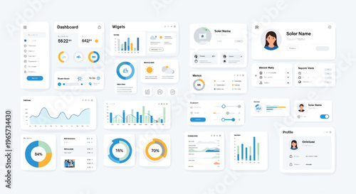 Data Dashboard UI Set with Graphs, Charts, Profile, Weather, and Analytics Widgets for Web Application Design