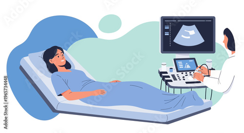 Doctor performing ultrasound on pregnant woman, medical examination, healthcare concept