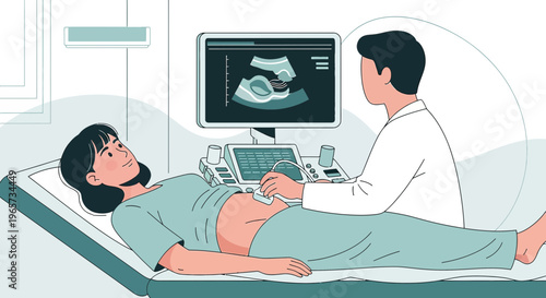Doctor performing ultrasound on pregnant woman, baby visible on screen