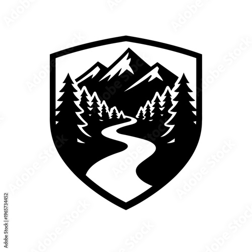 Black and white shield logo with mountain landscape and winding road