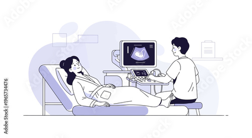 Doctor performing ultrasound on pregnant woman, showing baby on screen, medical checkup