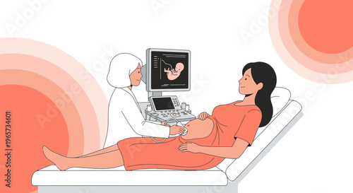 Doctor performing ultrasound on pregnant woman, showing baby on screen