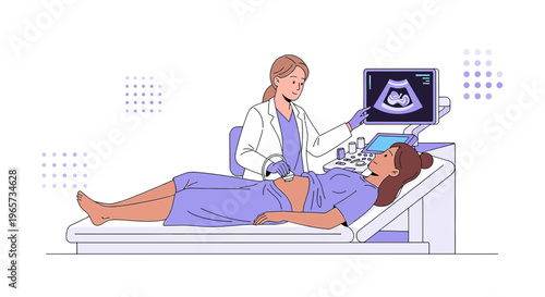 Doctor performing ultrasound on pregnant woman, showing baby on screen