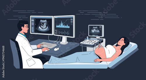 Doctor performing ultrasound on pregnant woman, showing fetus on screen