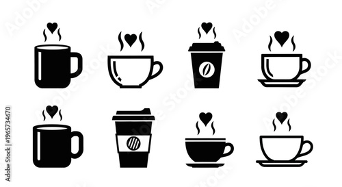 Lovely hot drinks icons with hearts and steam, black and white stylized cups and mugs for coffee or tea, isolated on white