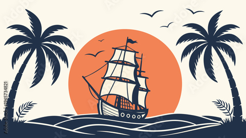 Vintage Sailing Ship Sunset Sea Flat Vector