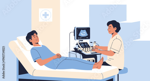 Doctor Performing Ultrasound Scan on Patient Lying on Examination Bed in Clinic