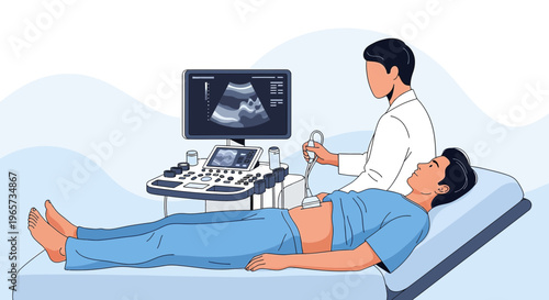 Doctor Performing Ultrasound Scan on Patient's Abdomen for Medical Diagnosis