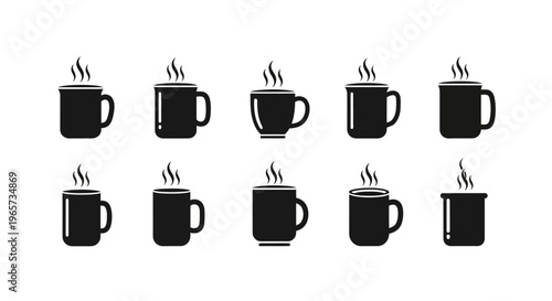 Group of ten simple black silhouette icons depicting various steaming hot beverage mugs on white background