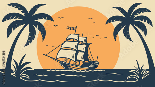 Vintage Sailing Ship Sunset Sea Flat Vector