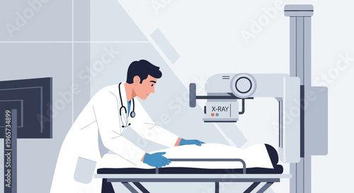 Doctor Performing X-Ray on Patient Lying on Medical Bed in Clinic